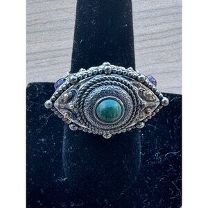 Sterling Silver 925 Ornate Ring w/ Malachite Center & Amethyst Accents Bali Boho